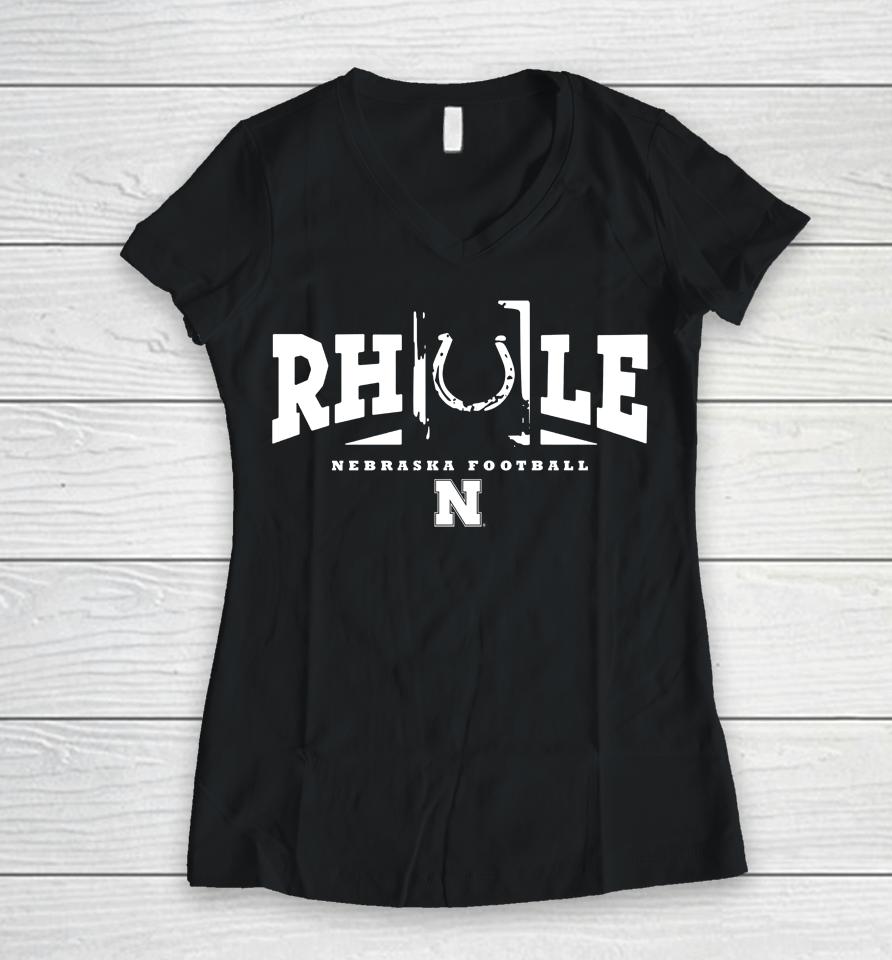 Blue 84 Ncaa Matt Rhule Scarlet Nebraska Huskers Horseshoe Women V-Neck T-Shirt