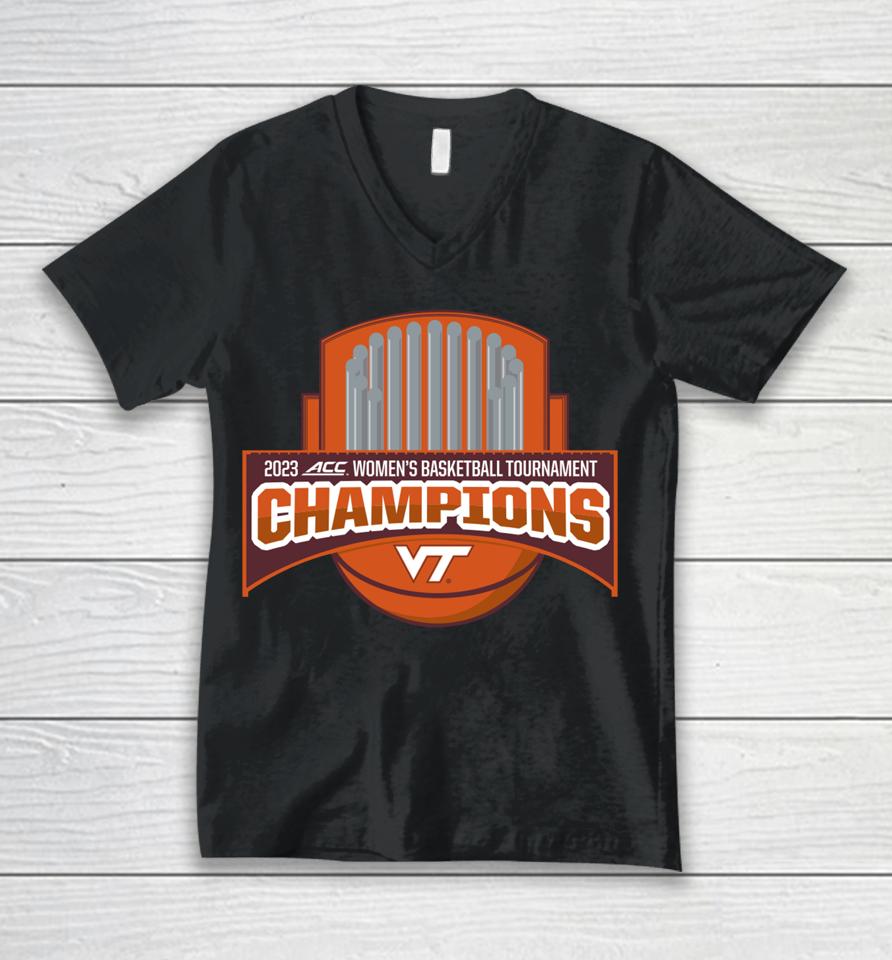 Blue 84 Virginia Tech Hokies 2023 Acc Women's Basketball Conference Tournament Champions Commemorati Unisex V-Neck T-Shirt