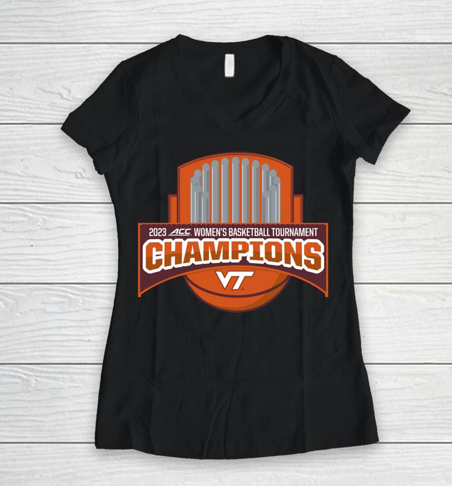 Blue 84 Virginia Tech Hokies 2023 Acc Women's Basketball Conference Tournament Champions Commemorati Women V-Neck T-Shirt