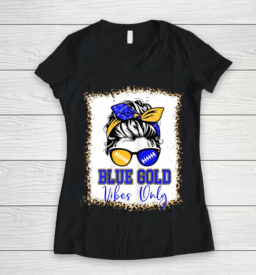 Blue Gold Vibes Only Football Women V-Neck T-Shirt