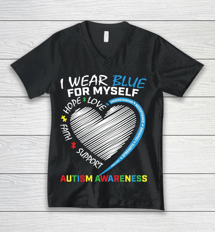 Blue Myself Autism Awareness Puzzle Heart Boys Girls Kids Unisex V-Neck T-Shirt