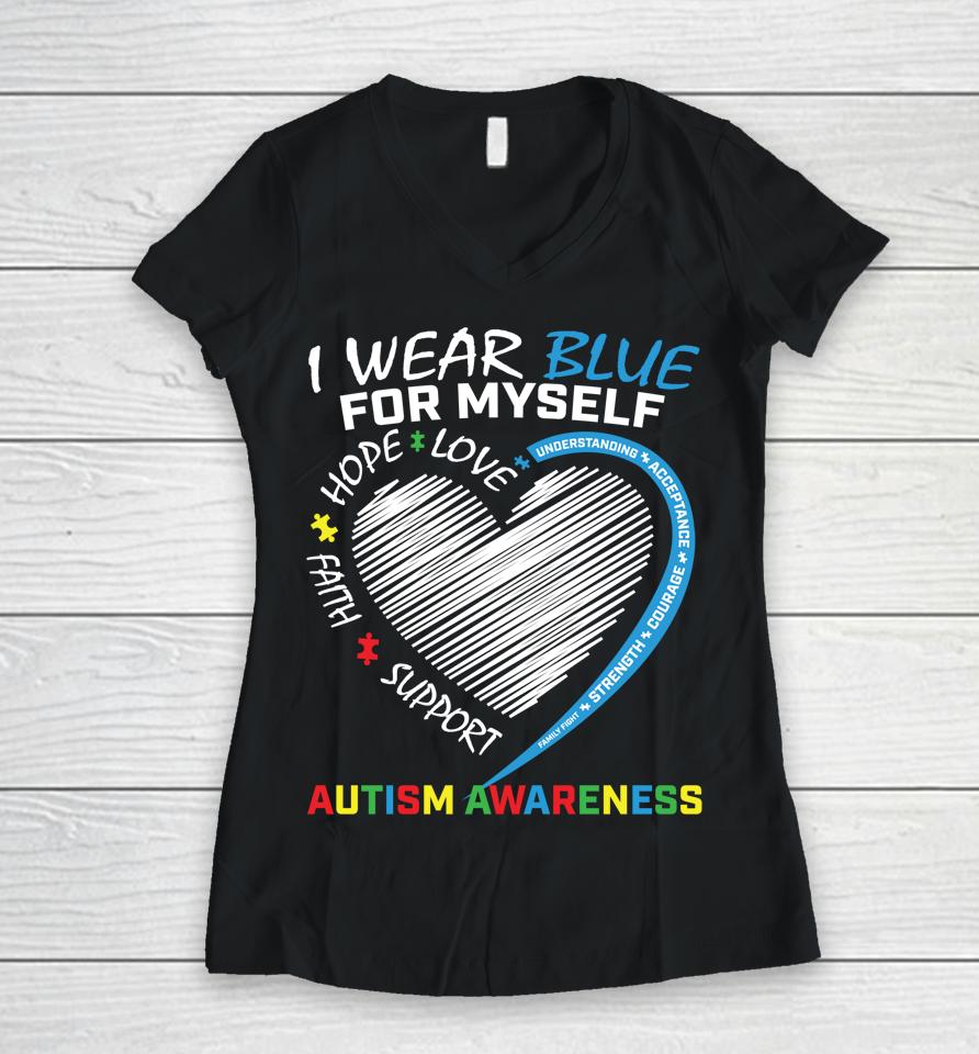 Blue Myself Autism Awareness Puzzle Heart Boys Girls Kids Women V-Neck T-Shirt