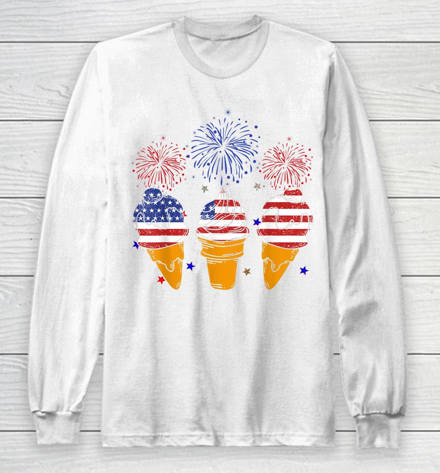 Blue White Red Ice Cream Cone Us Flag Patriotic 4Th Of July Long Sleeve T-Shirt