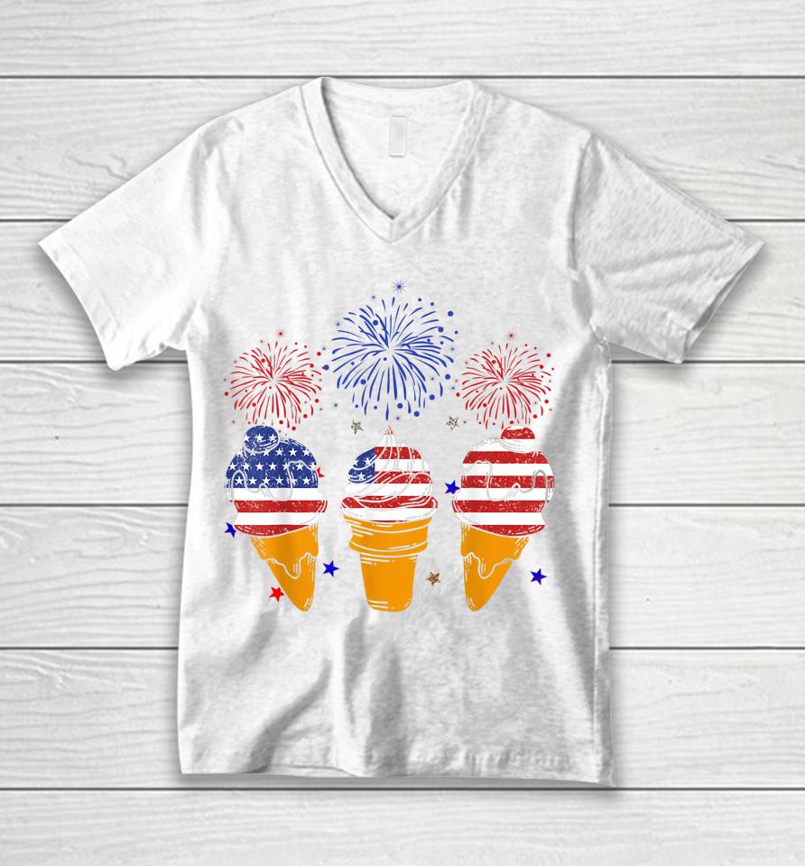 Blue White Red Ice Cream Cone Us Flag Patriotic 4Th Of July Unisex V-Neck T-Shirt
