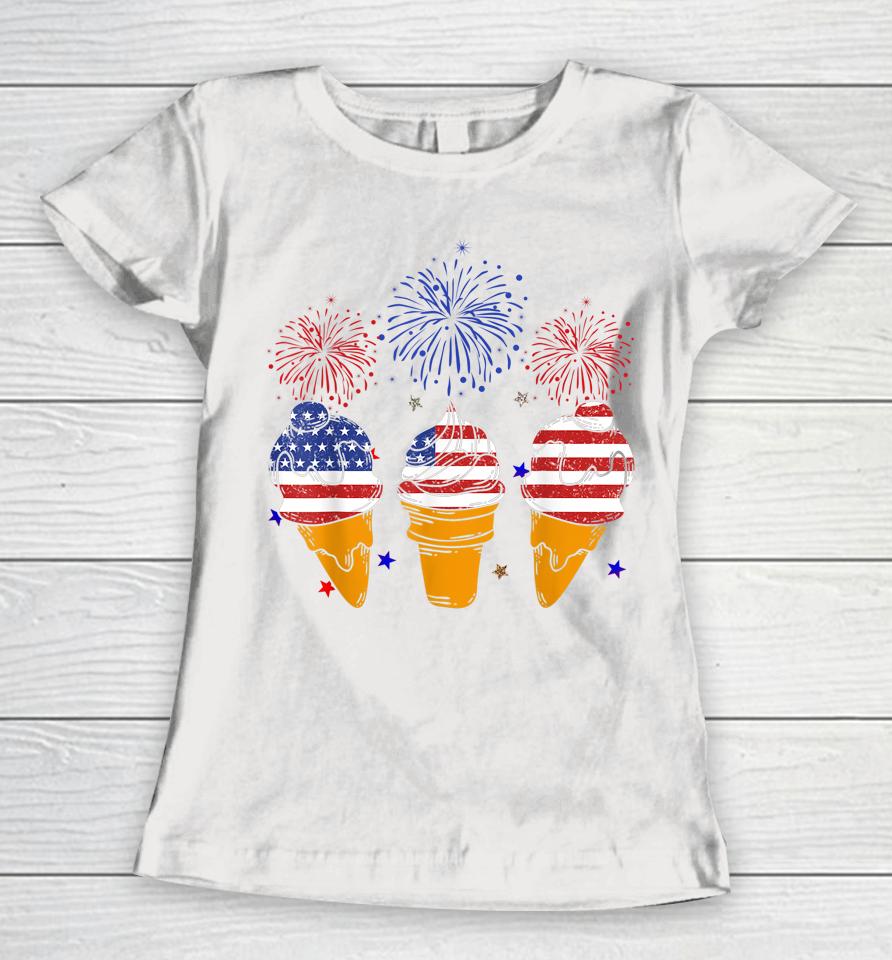 Blue White Red Ice Cream Cone Us Flag Patriotic 4Th Of July Women T-Shirt