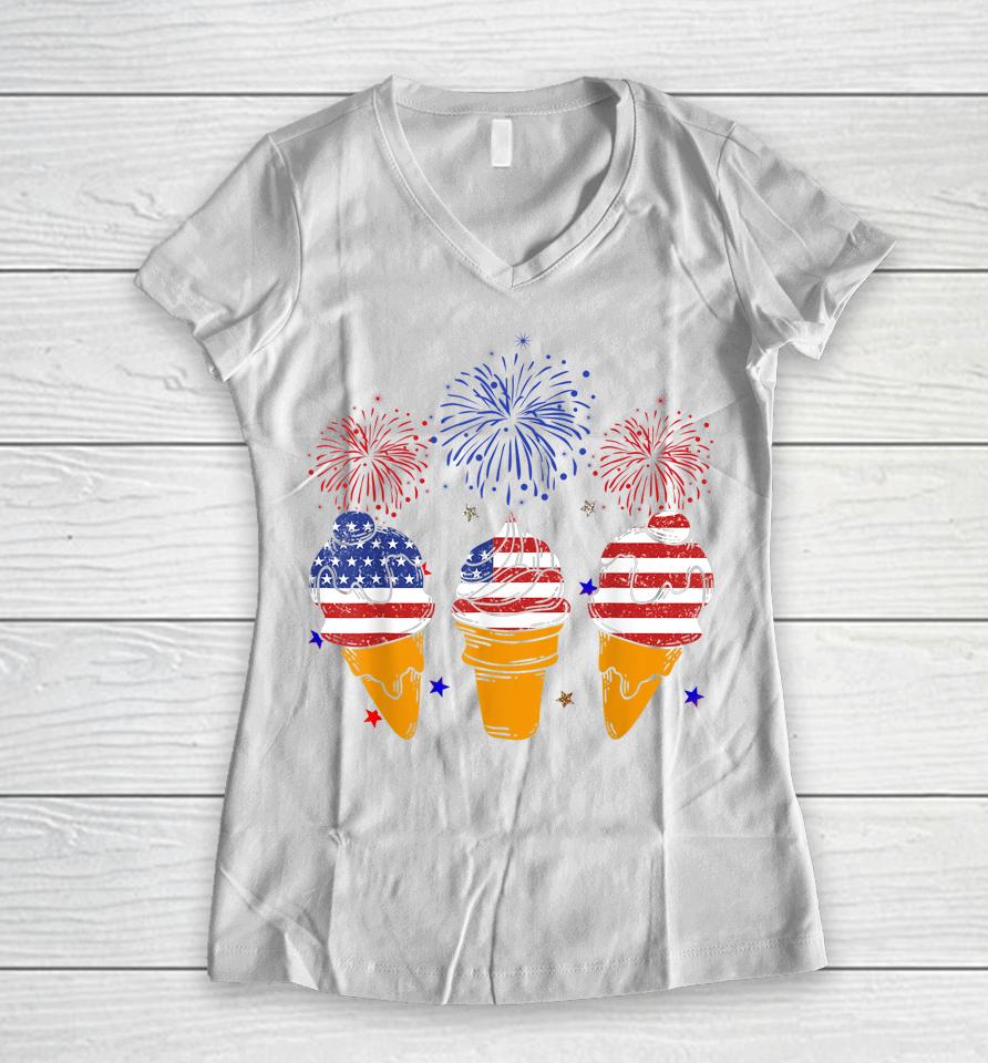Blue White Red Ice Cream Cone Us Flag Patriotic 4Th Of July Women V-Neck T-Shirt