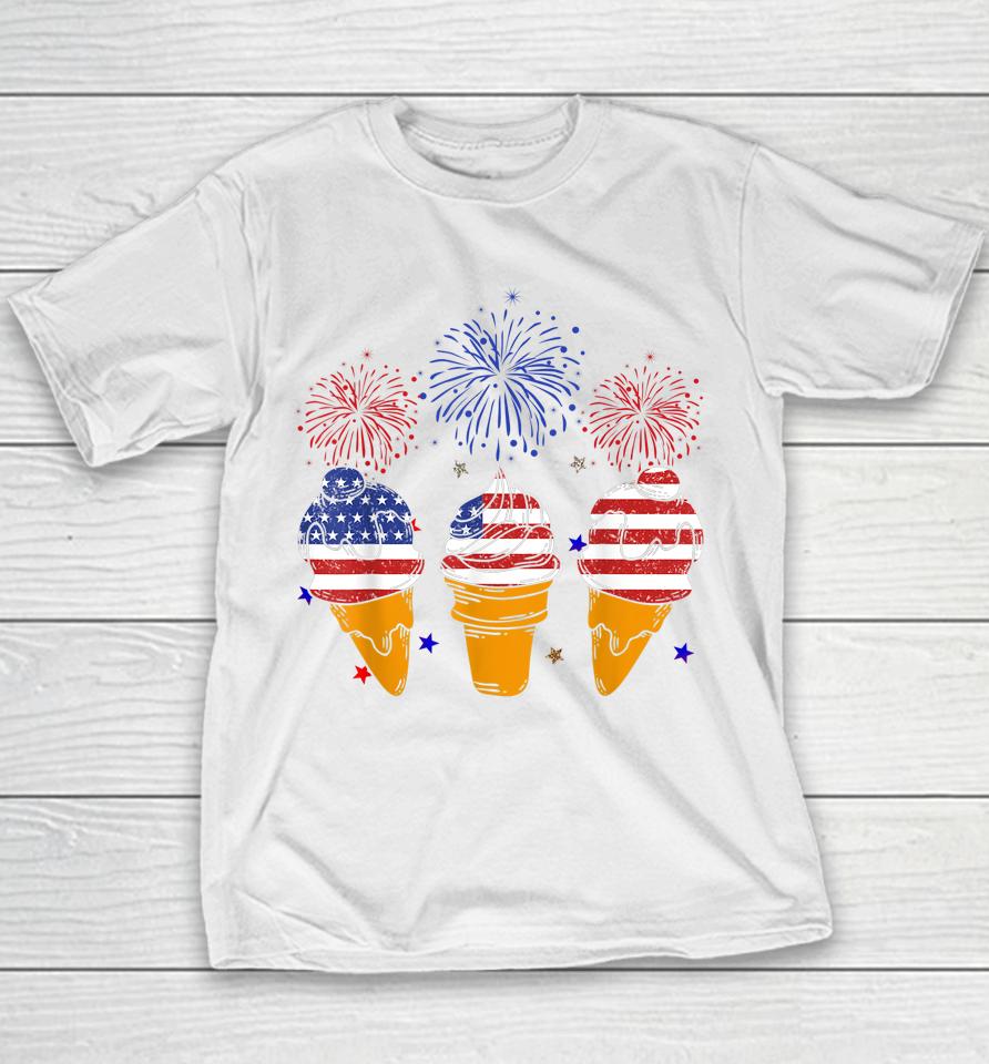 Blue White Red Ice Cream Cone Us Flag Patriotic 4Th Of July Youth T-Shirt