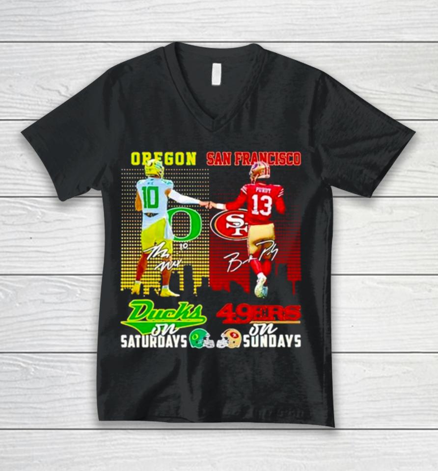 Bo Nix Oregon Ducks On Saturdays Brock Purdy San Francisco 49Ers On Sundays Unisex V-Neck T-Shirt