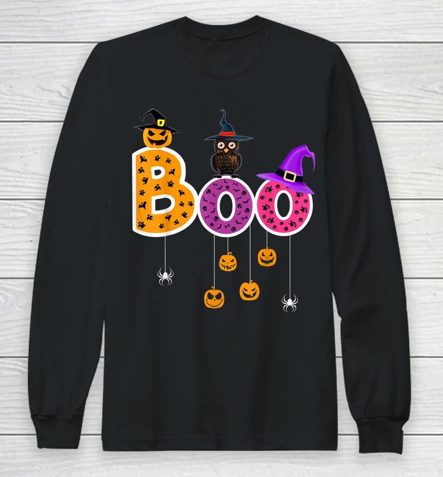 Boo Halloween Costume Spiders Ghosts Pumkin &Amp; Witch Hat Long Sleeve T-Shirt