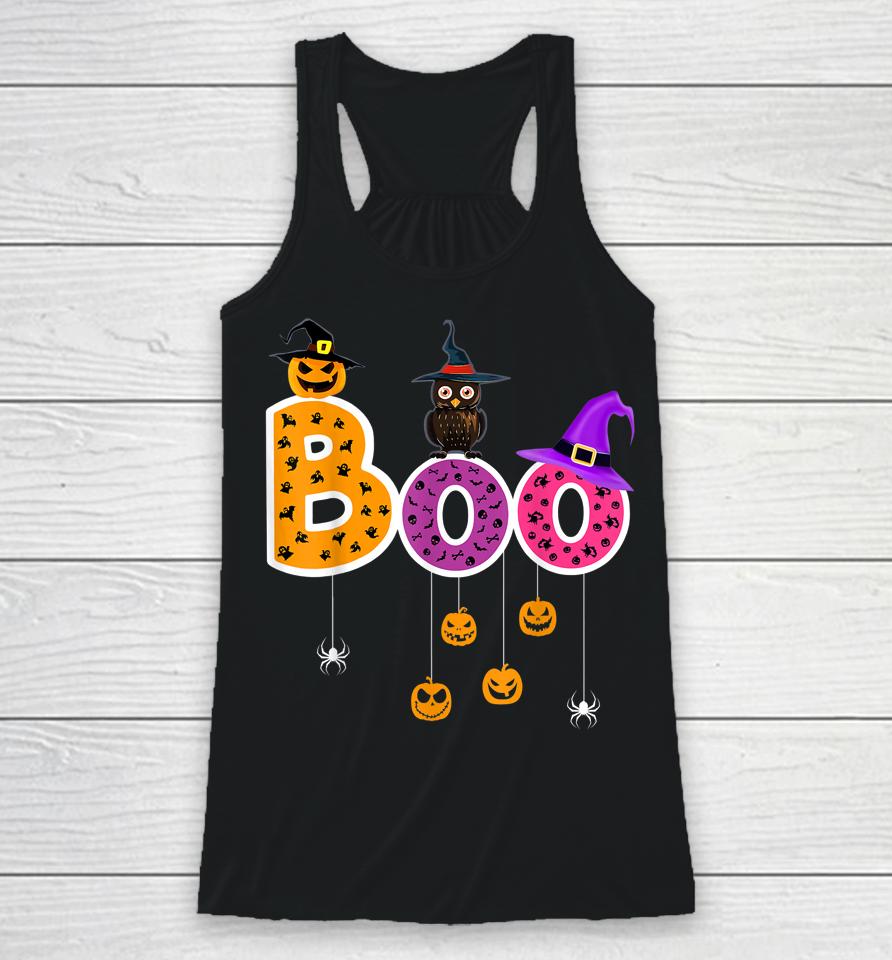 Boo Halloween Costume Spiders Ghosts Pumkin &Amp; Witch Hat Racerback Tank