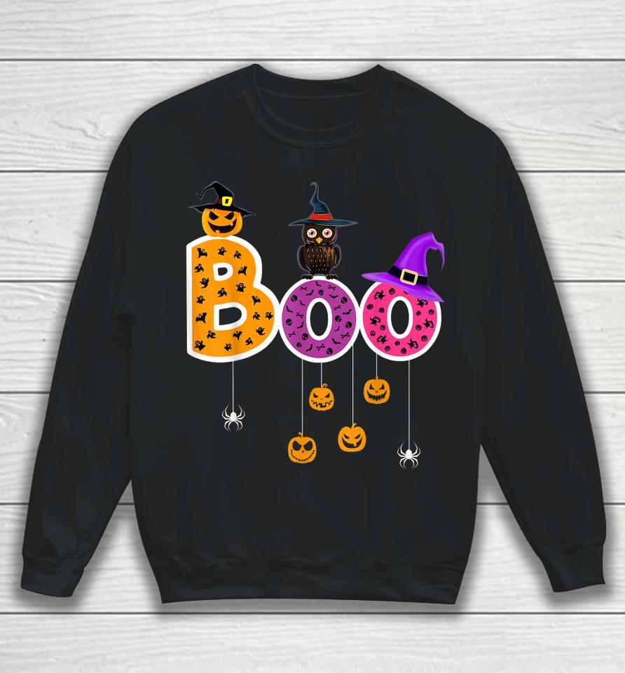 Boo Halloween Costume Spiders Ghosts Pumkin &Amp; Witch Hat Sweatshirt