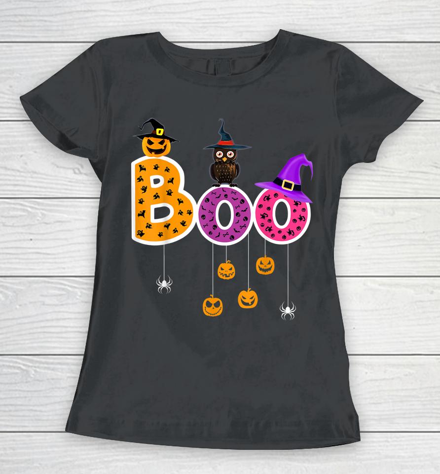 Boo Halloween Costume Spiders Ghosts Pumkin &Amp; Witch Hat Women T-Shirt