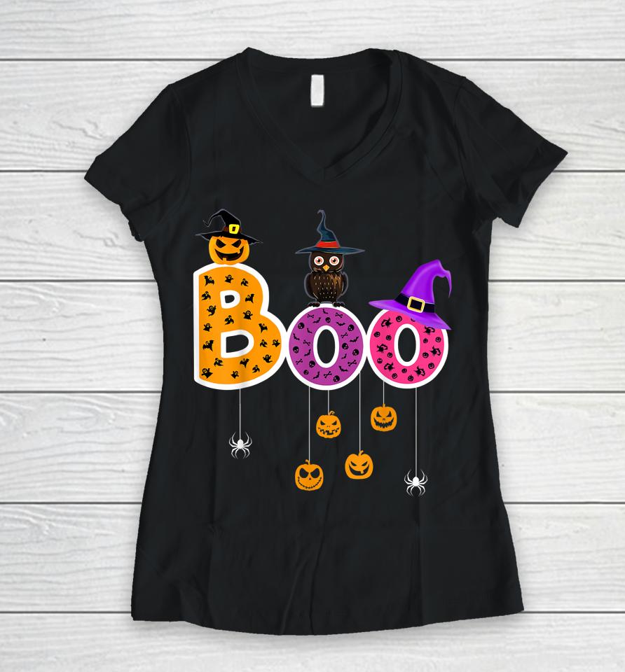 Boo Halloween Costume Spiders Ghosts Pumkin &Amp; Witch Hat Women V-Neck T-Shirt