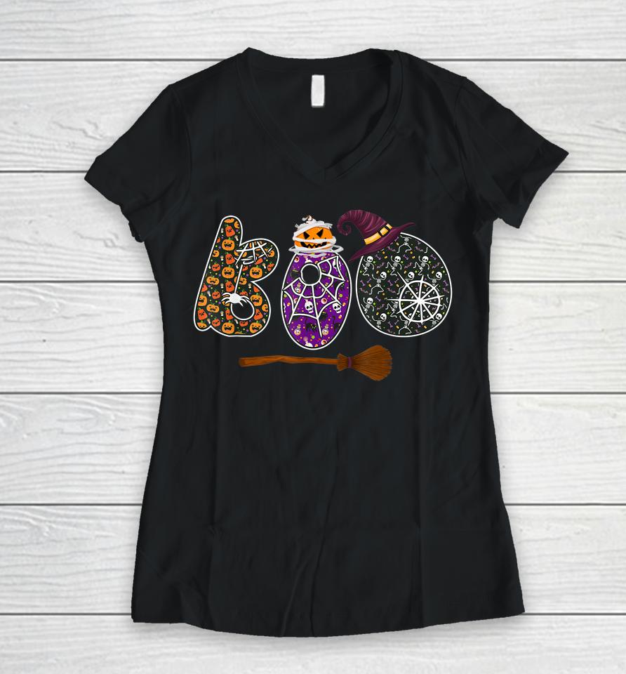 Boo Halloween Spiders Ghosts For Girls Women V-Neck T-Shirt