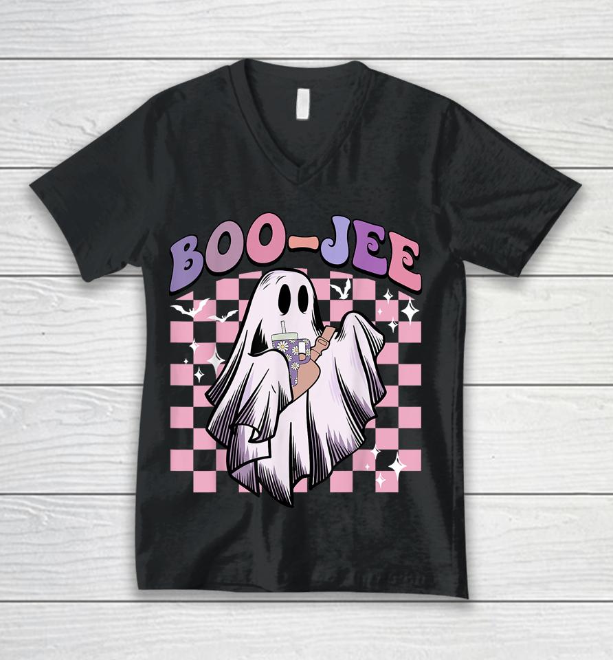 Boo Jee Funny Ghost Groovy Happy Halloween Spooky Season Unisex V-Neck T-Shirt