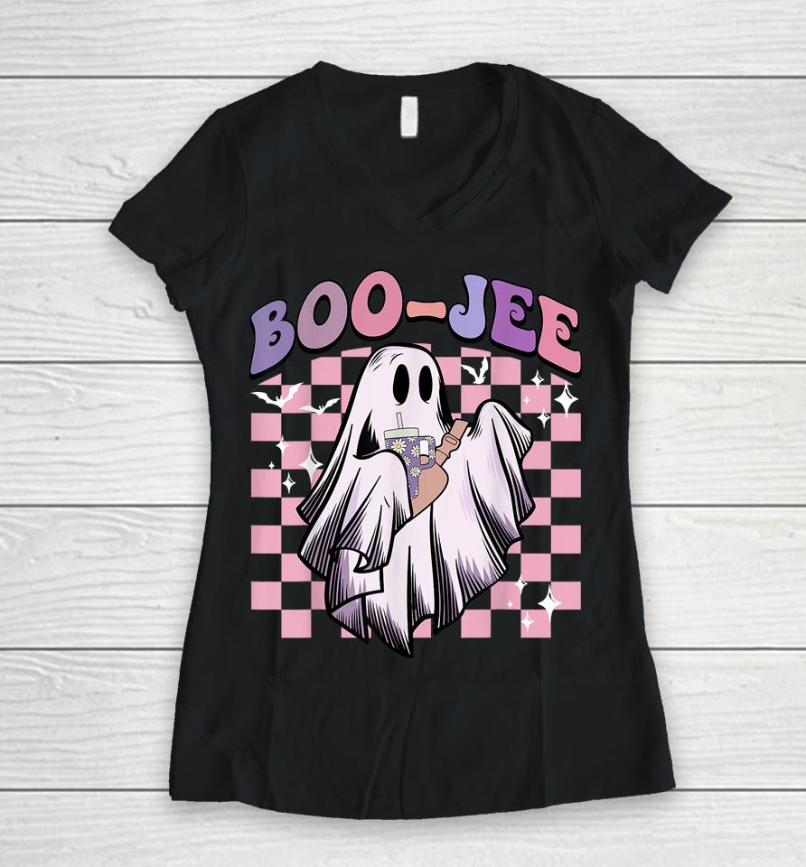 Boo Jee Funny Ghost Groovy Happy Halloween Spooky Season Women V-Neck T-Shirt