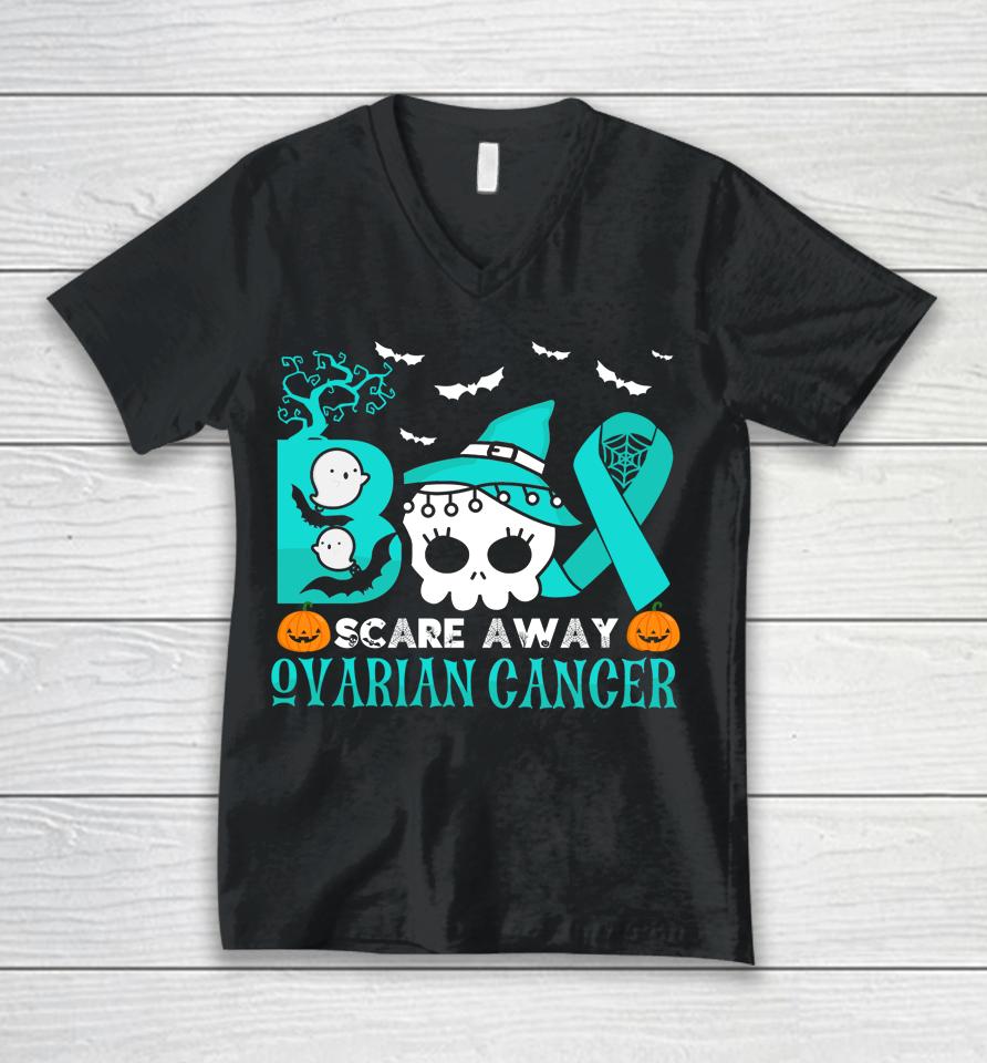 Boo Scare Away Ovarian Cancer Halloween Unisex V-Neck T-Shirt