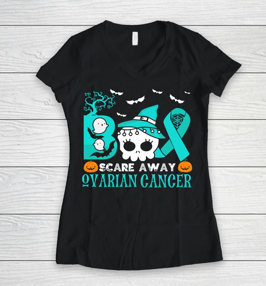 Boo Scare Away Ovarian Cancer Halloween Women V-Neck T-Shirt
