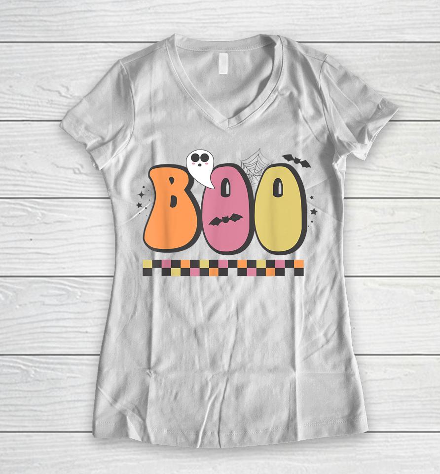 Boo With Ghost &Amp; Pumpkins For Halloween Women V-Neck T-Shirt