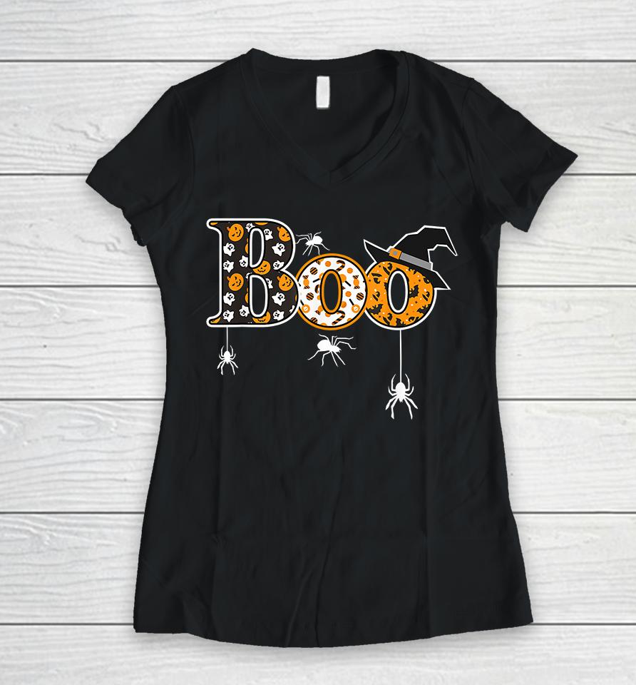 Boo With Spiders Halloween Women V-Neck T-Shirt