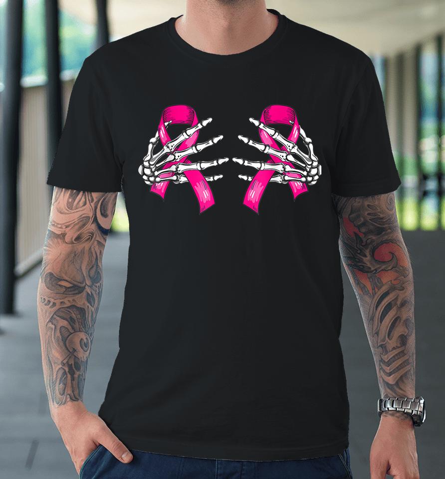 Boob Skeleton Hand On Breast Cancer Ribbon Halloween Premium T-Shirt