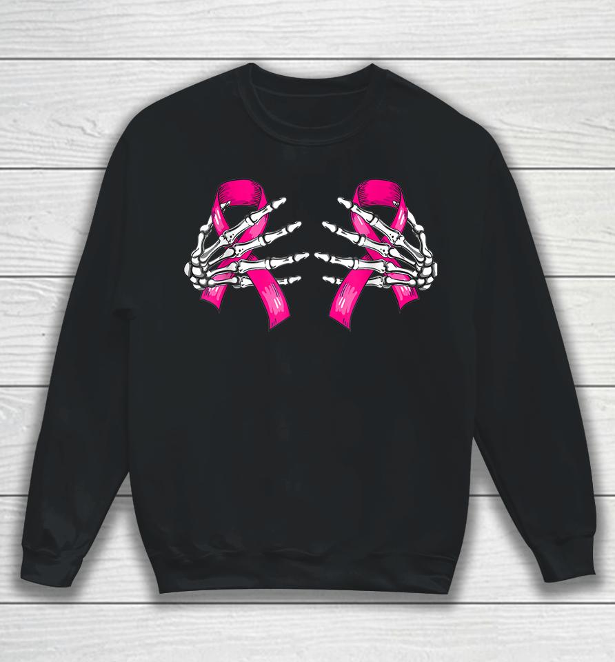 Boob Skeleton Hand On Breast Cancer Ribbon Halloween Sweatshirt