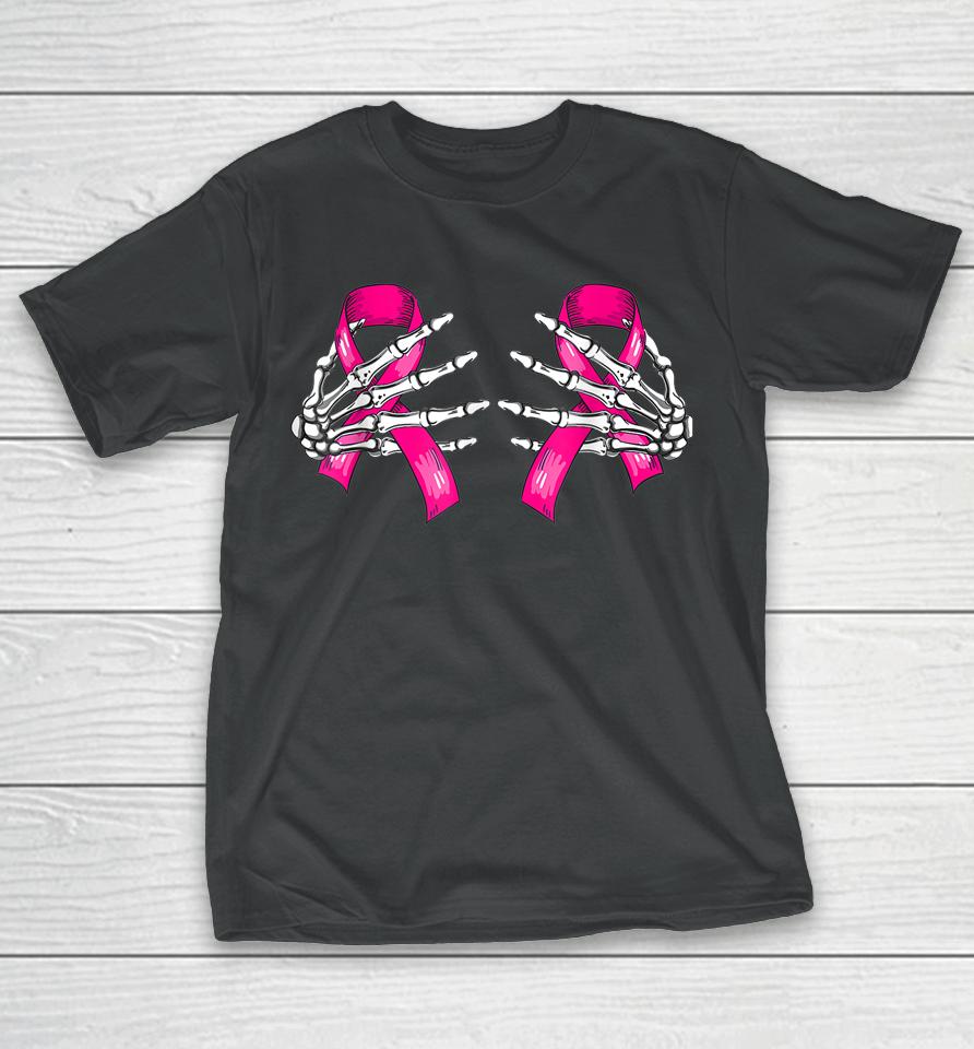 Boob Skeleton Hand On Breast Cancer Ribbon Halloween T-Shirt
