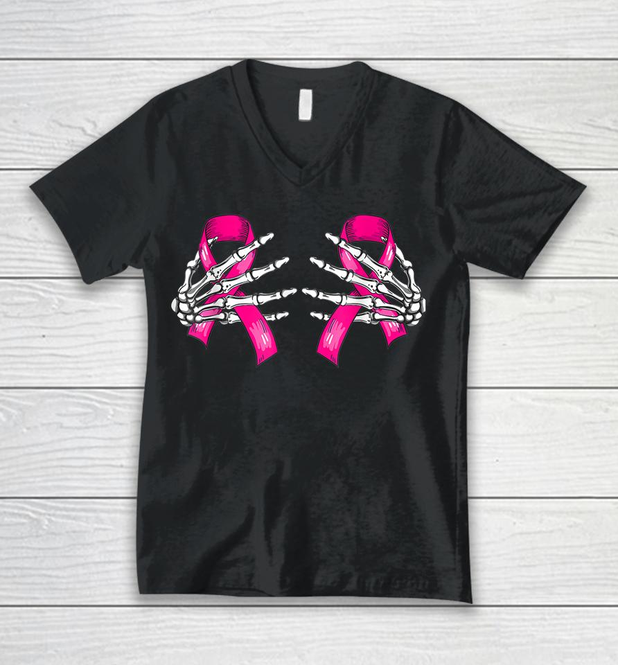 Boob Skeleton Hand On Breast Cancer Ribbon Halloween Unisex V-Neck T-Shirt
