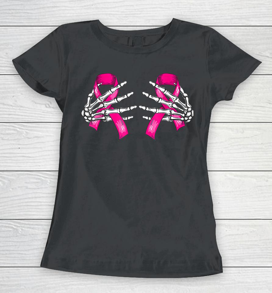 Boob Skeleton Hand On Breast Cancer Ribbon Halloween Women T-Shirt