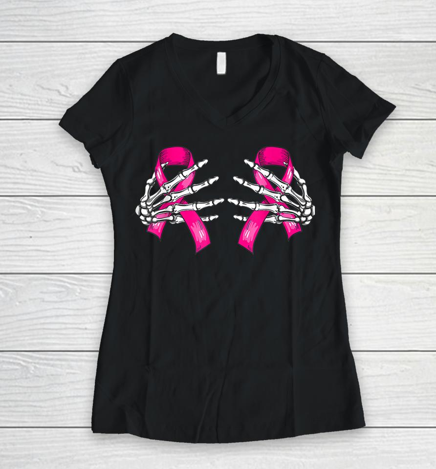 Boob Skeleton Hand On Breast Cancer Ribbon Halloween Women V-Neck T-Shirt
