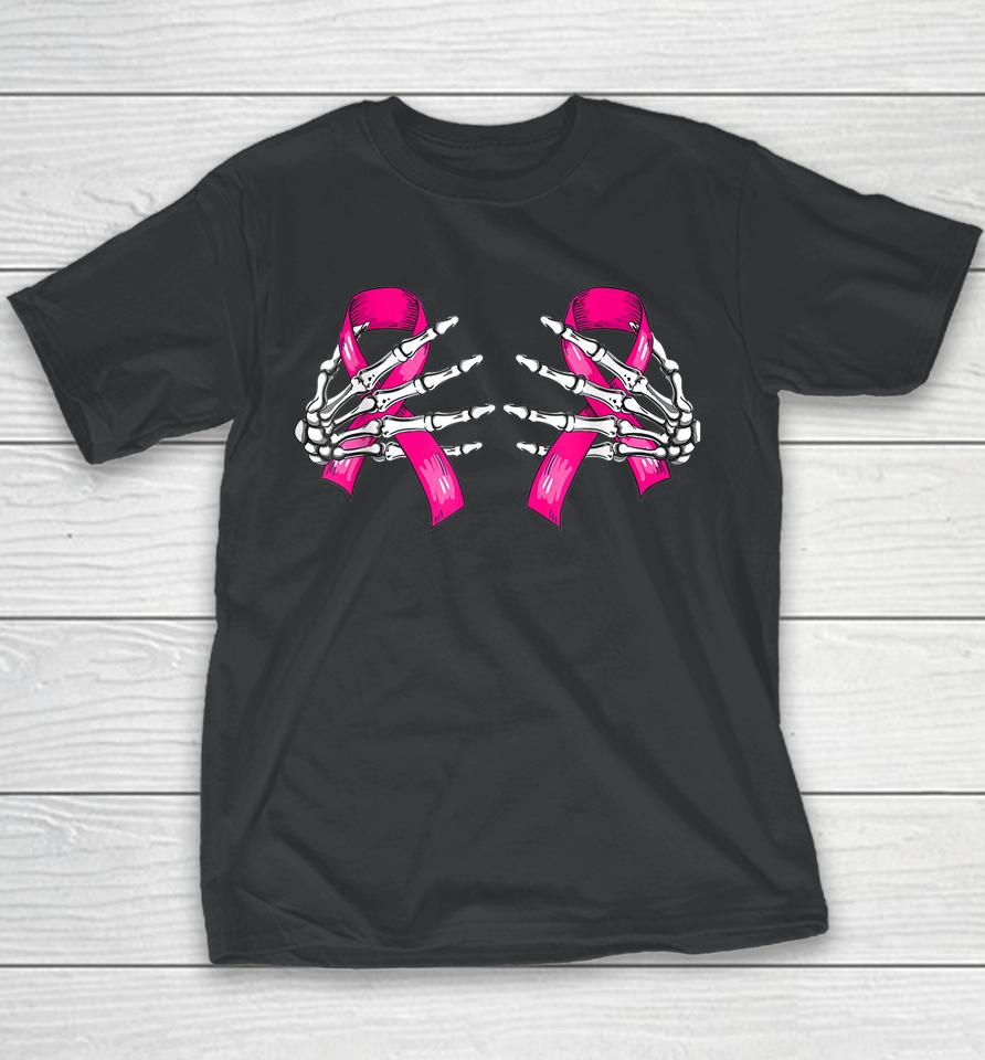 Boob Skeleton Hand On Breast Cancer Ribbon Halloween Youth T-Shirt