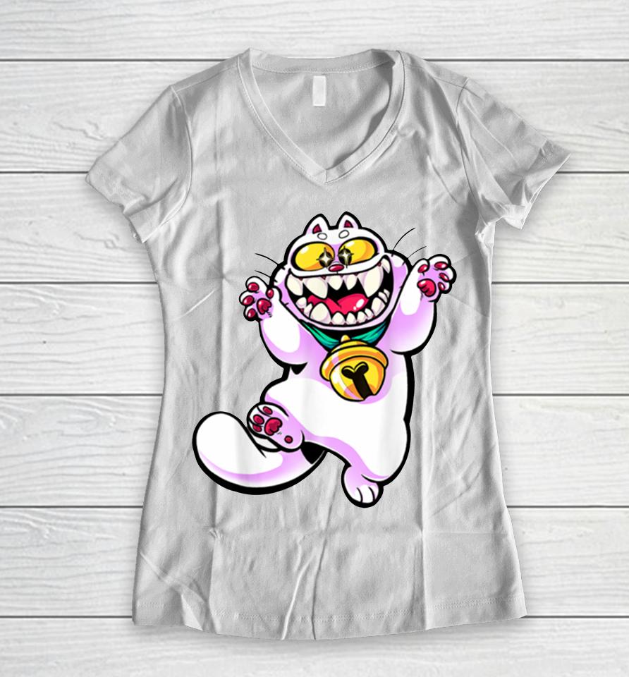 Boobun Chompy Cat Women V-Neck T-Shirt