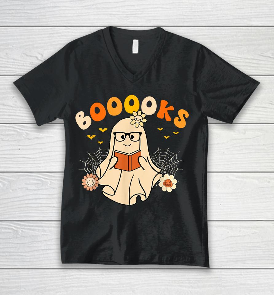 Booooks Cute Ghost Reading Library Books Halloween Unisex V-Neck T-Shirt