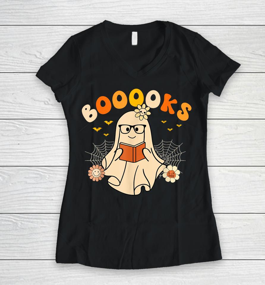 Booooks Cute Ghost Reading Library Books Halloween Women V-Neck T-Shirt