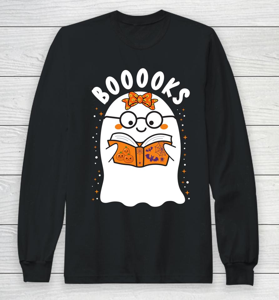 Booooks Cute Ghost Reading Library Books Halloween Teacher Long Sleeve T-Shirt