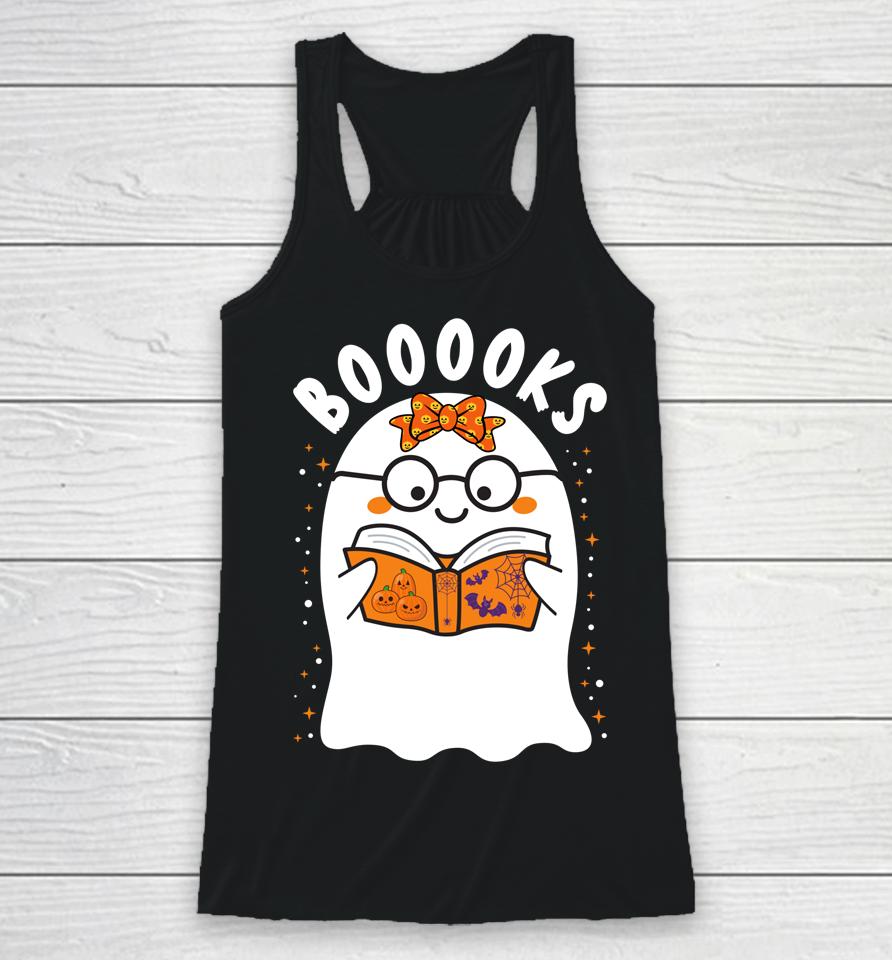Booooks Cute Ghost Reading Library Books Halloween Teacher Racerback Tank