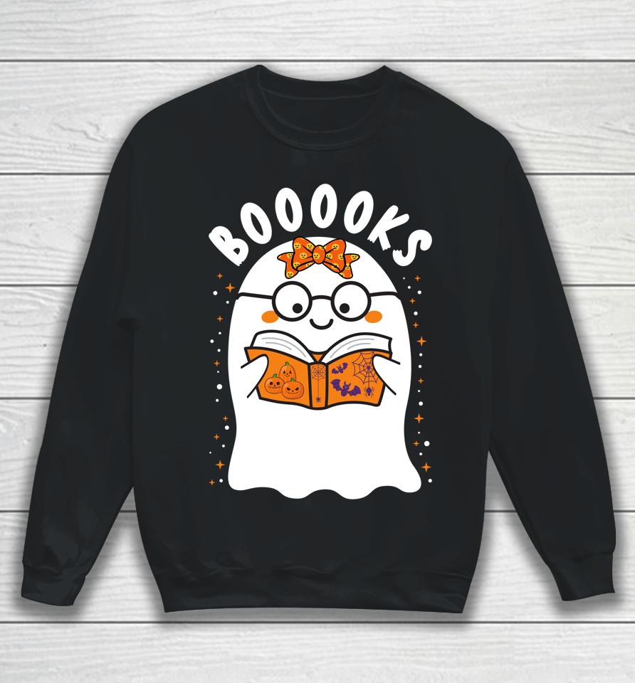Booooks Cute Ghost Reading Library Books Halloween Teacher Sweatshirt