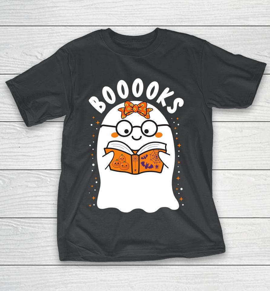 Booooks Cute Ghost Reading Library Books Halloween Teacher T-Shirt