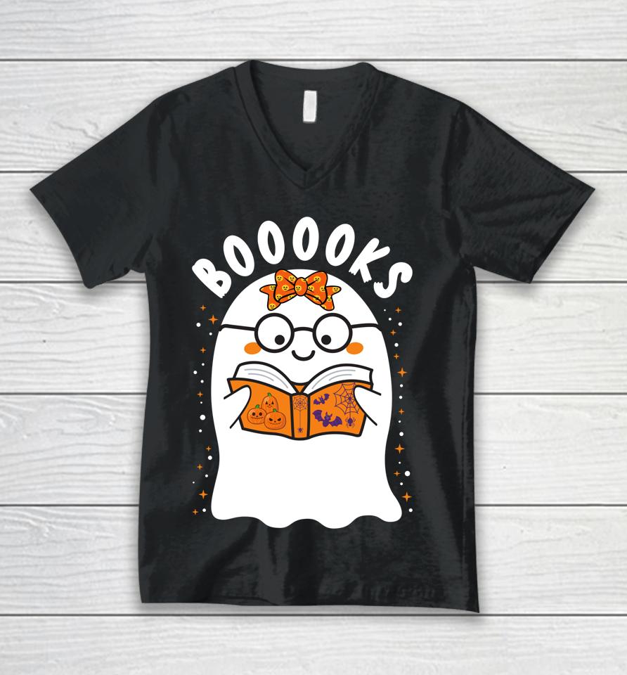 Booooks Cute Ghost Reading Library Books Halloween Teacher Unisex V-Neck T-Shirt
