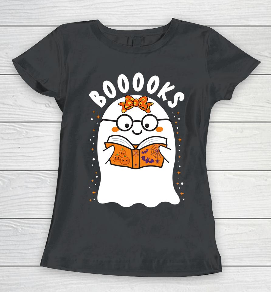 Booooks Cute Ghost Reading Library Books Halloween Teacher Women T-Shirt