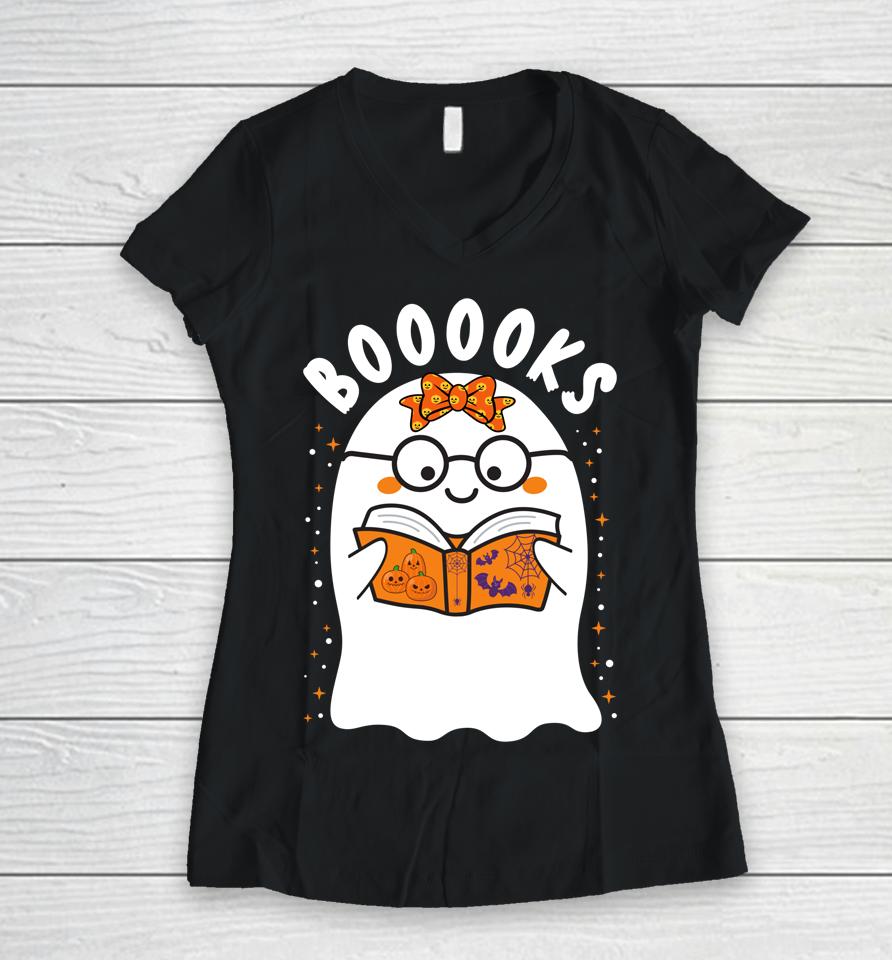 Booooks Cute Ghost Reading Library Books Halloween Teacher Women V-Neck T-Shirt