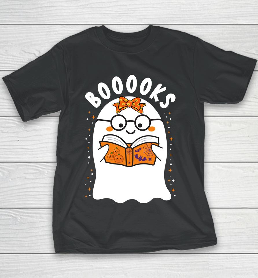 Booooks Cute Ghost Reading Library Books Halloween Teacher Youth T-Shirt