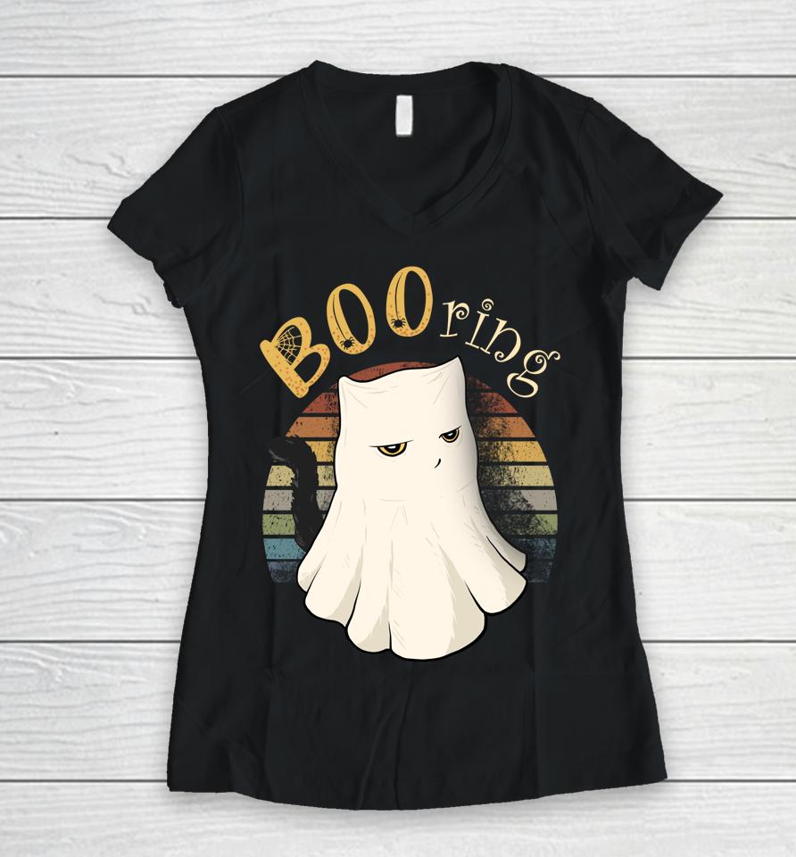 Booring Halloween Pun Cat Lover Women V-Neck T-Shirt