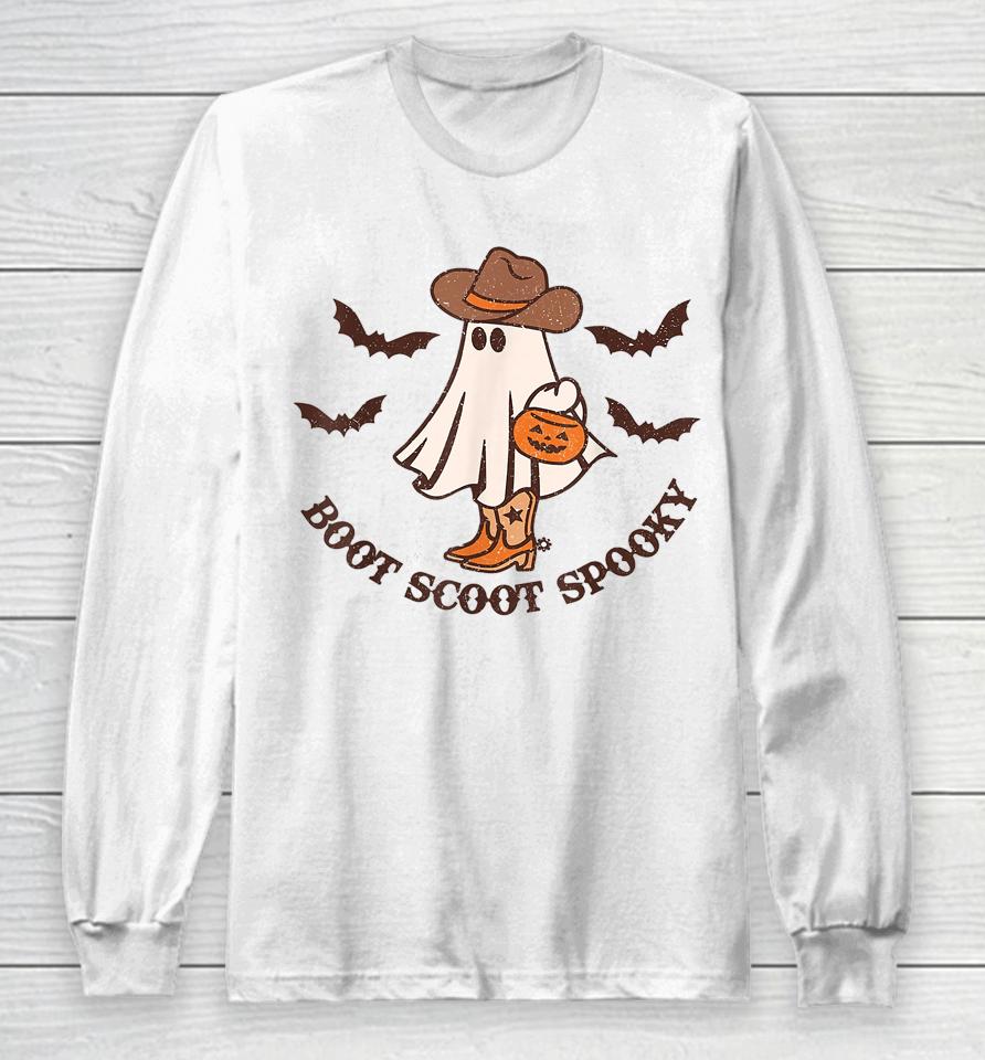 Boot Scoot Spooky Cowboy Ghost Groovy Retro Halloween Long Sleeve T-Shirt