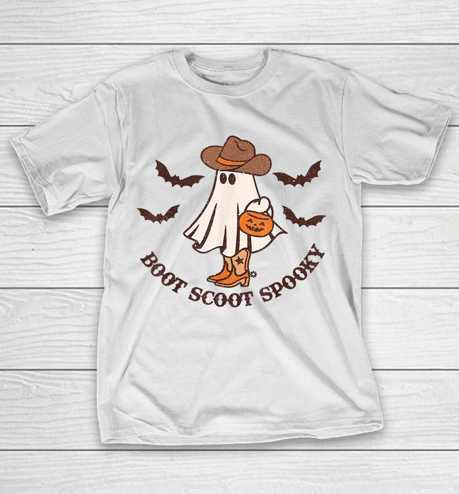 Boot Scoot Spooky Cowboy Ghost Groovy Retro Halloween T-Shirt