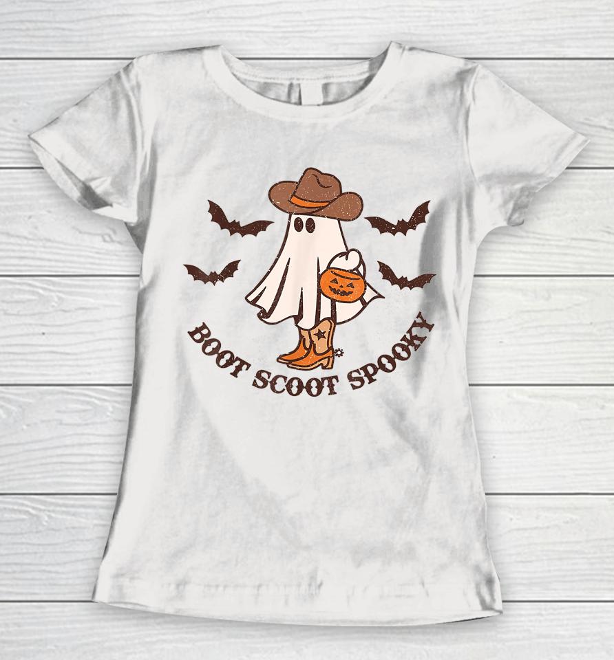 Boot Scoot Spooky Cowboy Ghost Groovy Retro Halloween Women T-Shirt