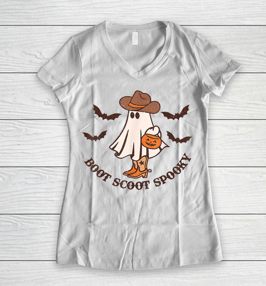 Boot Scoot Spooky Cowboy Ghost Groovy Retro Halloween Women V-Neck T-Shirt