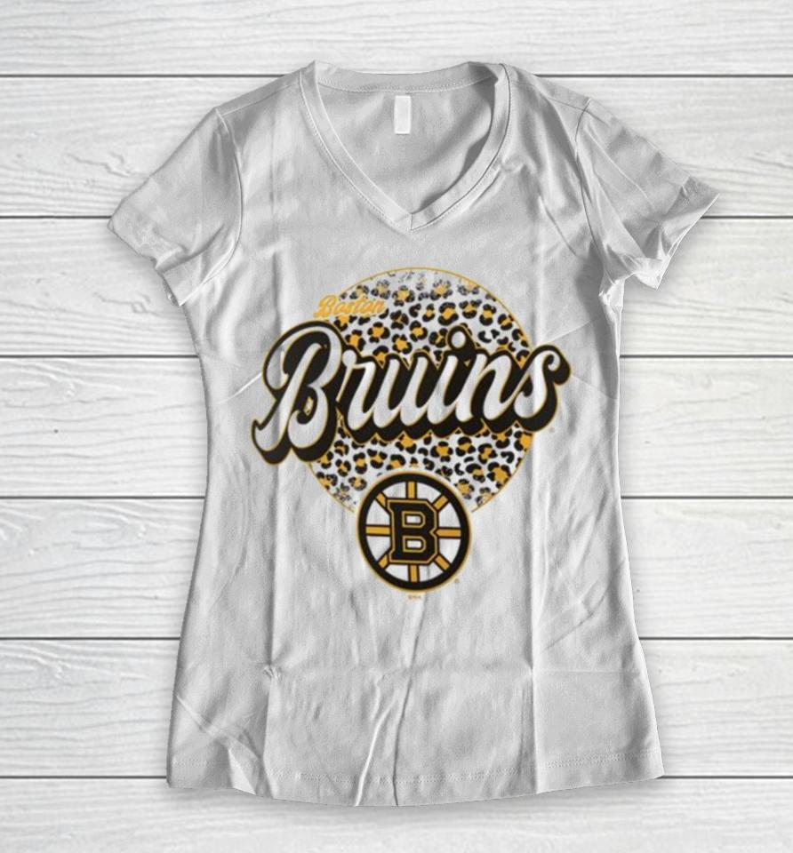 Boston Bruins Nhl Personalized Leopard Print Logo Women V-Neck T-Shirt