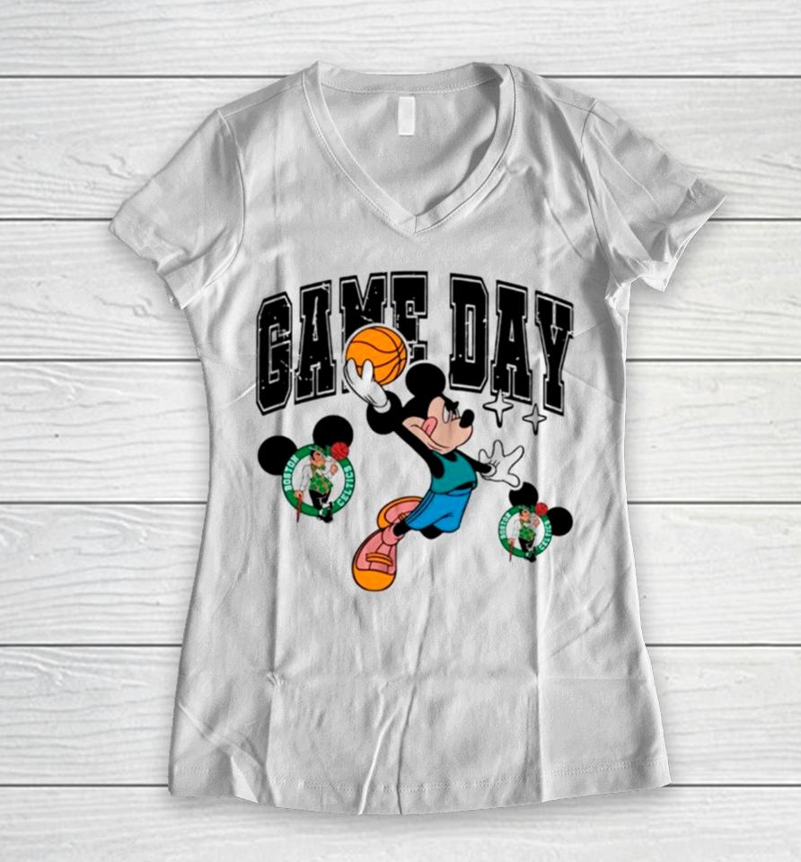 Boston Celtics Mickey Basketball Game Day Retro Women V-Neck T-Shirt