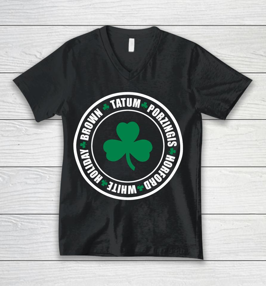 Boston Celtics Tatum Porzingis Horford White Holiday Brown Unisex V-Neck T-Shirt